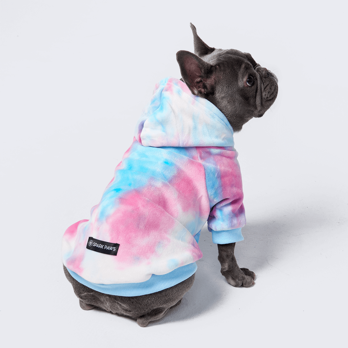 90s Retro Sky Dye Dog Hoodie Purple and Teal Comfortable Calming Dog Clothes Spark Paws